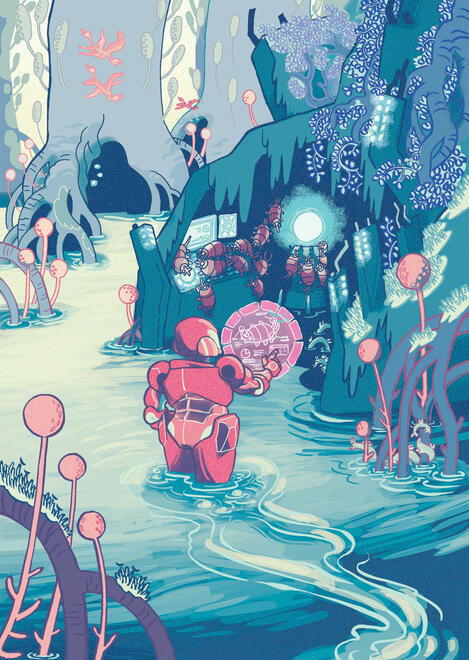an alien planet with a crashed spaceship enveloped by a tree. a figure in a red space suit scans the ruins as isopod-like aliens cluster around.