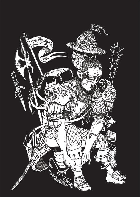 black and white image of a figure sitting down to put on armour. parts of their armour and weapons expand outward, showing the many layers of their arms.