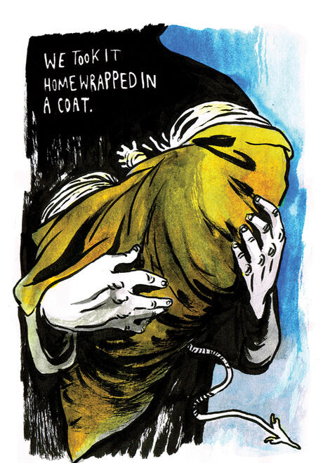 A figure holding a baby devil bundled in cloth, its wormy, forked tail and grublike face visible. text reads: "We took it home wrapped in a coat."