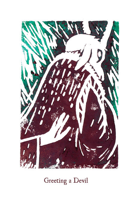 block print in green and brown, showing a goat-headed figure turned away from the viewer. a hand reaches out otwards them at the base of the image. text reads: greeting a devil.