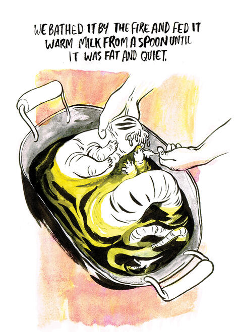 the baby devil in a tin bath, being fed from a teaspoon. text reads: "we bathed it by the fire and fed it warm milk from a spoon until it was fat and quiet."