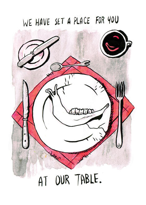 A dinner plate with place setting. the plate has only an animal's jawbone on it. text reads: "we have set a place for you at our table."