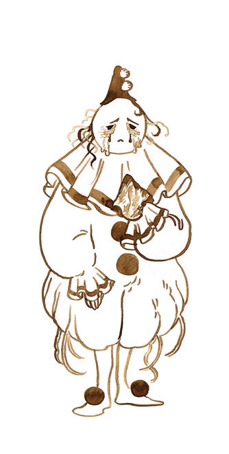 sepia coloured ink drawing of a sad pierrot, holding a stained handkercheif.