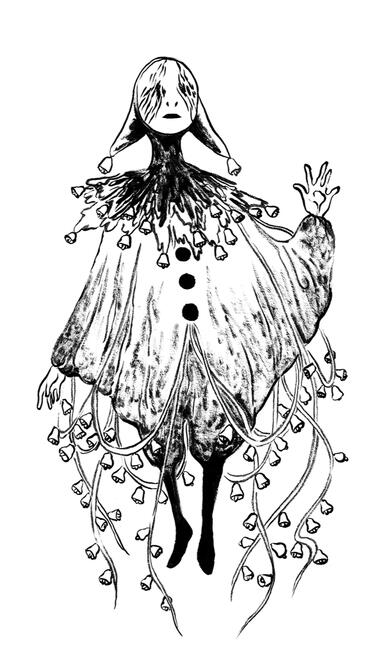 a clown hung with ribbons of bells, and bells on its cowl. its mask is scratched over the eyes.