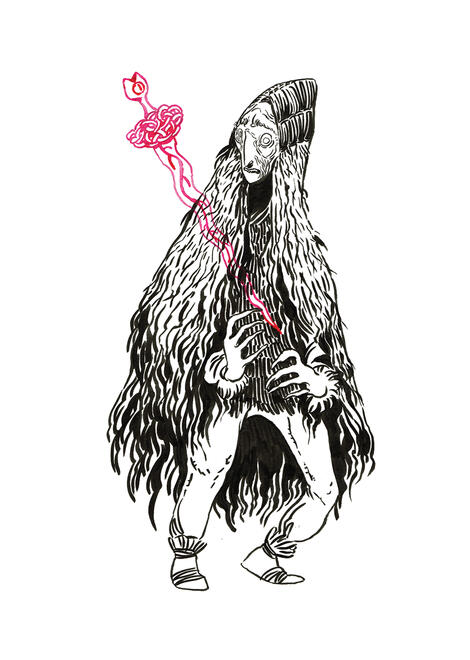 black ink drawing of a hermit in a woven reed cloak, a sword drawn in red ink stabbing them through the back.