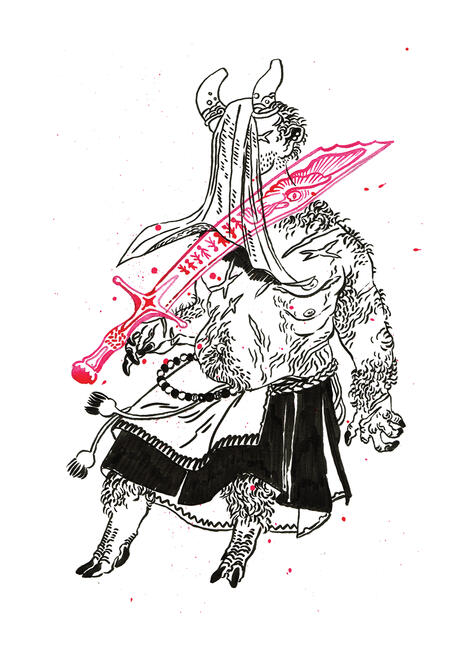 a horned figure with a hairy, scarred body, including top surgery scars visible on their bare chest. they wear a veil that covers their face, and an apron. a scimitar meets their neck, about to cut their head off.