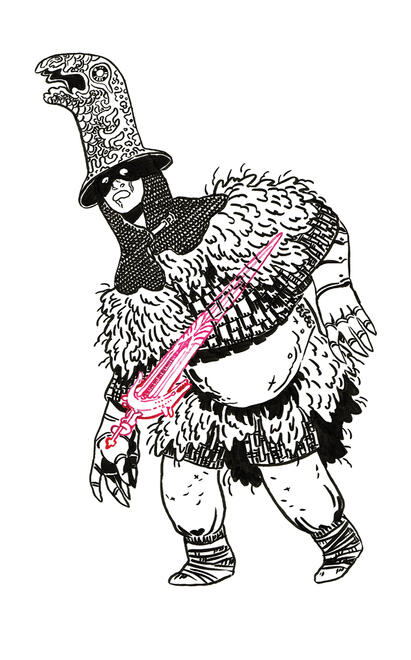 a warrior with a tall helmet shaped like a dragon head. a broadsword pierces them through the chest.