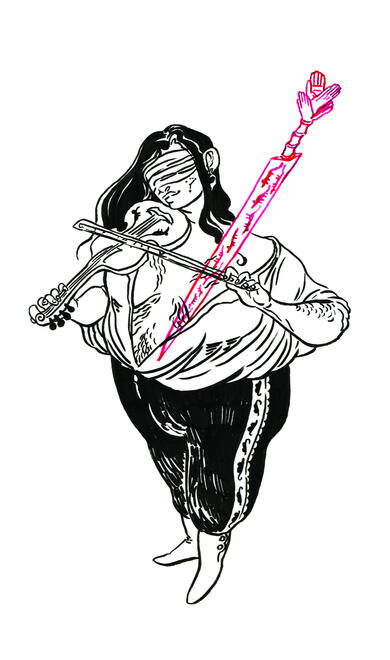 a violin player, playing the violin. she is blindfolded, and wears a shirt open to the waist. a sword pierces her at the shoulder, its blade patterned with mice.