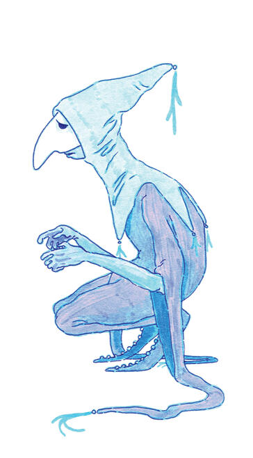 a sad jester squatting on the floor, the long trailing sleeves draped on the floor.