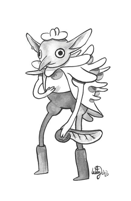 greyscale ink drawing of a goblin wearing a sycamore seed outfit and holding a sycamore seed.