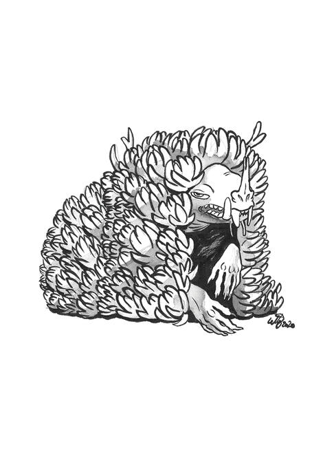 A goblin based on my houseplant, Yonic the hedgehog. she is hiding under a dense cloak of leafy clusters.