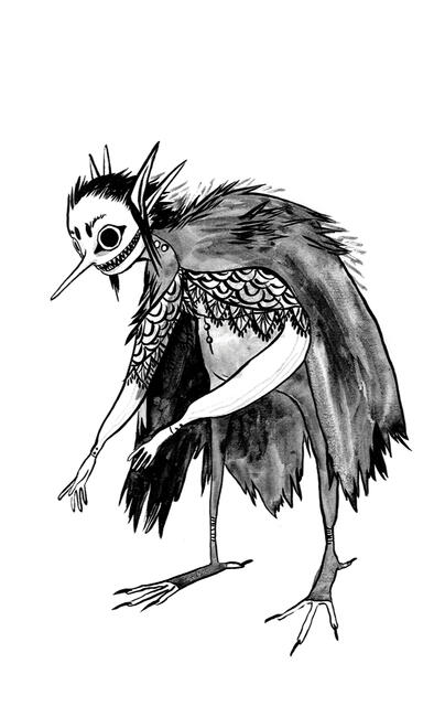 a goblin based on the european starling. she has a pointy nose and wide mouth full of sharp teeth, and a grey cloak of feathers.