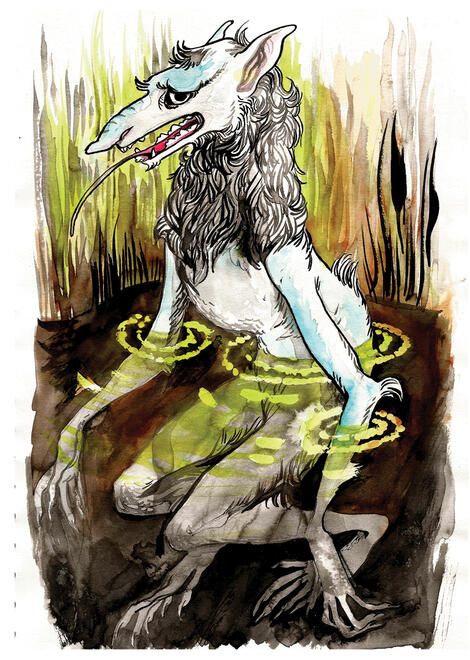 a goblin based on a borzoi hound, it is waist deep in muddy water surrounded by reeds.