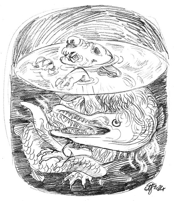 pencil drawing of a goblin treading water, as a giant gar-like fish coils around them.