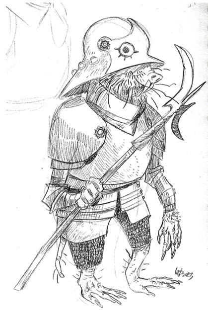 pencil drawing of a mole rat goblin in heavy armour, holding a poleaxe.