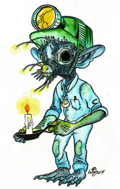 a bwca goblin from welsh folklore, dressed as a miner, with a candle in her hands and bioluminous whiskers.