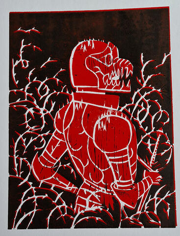 two layer reductive woodcut of the red knight from the beechwood helm, standing amid thorns.