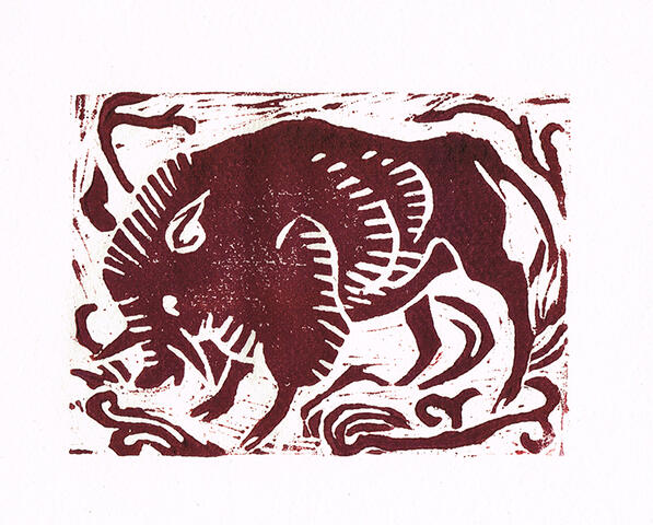 woodcut of a boar, with vines around the edges of the block.