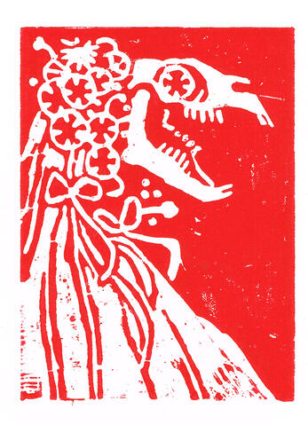 woodcut in red ink of mari lwyd, the welsh yuletide figure with a horse skull head decorated with flowers and ribbons.