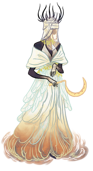 commissioned character art of a fairy queen, holding a sickle and with dress adorned with mistletoe and fly wings.