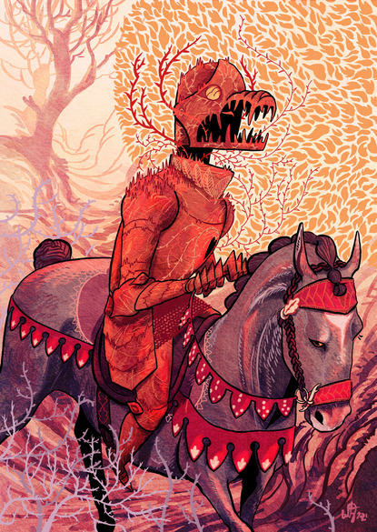 a red armoured knight mounted on a dark brown horse, riding through an autumn forest.