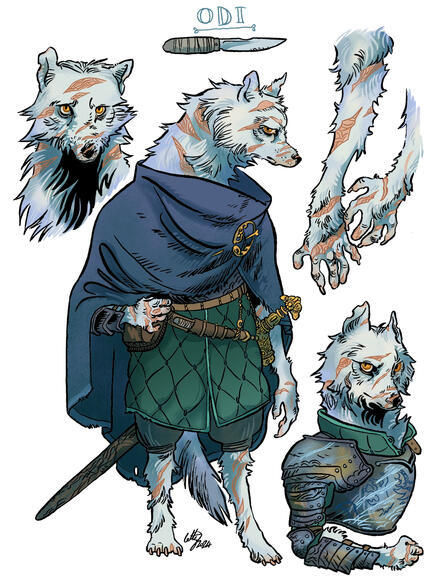 commissioned character sheet of a wanderhome character who is an arctic wolf veteran. he wears battered armour under a heavy cloak, and is scarred all over.