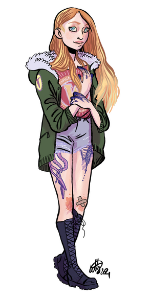 commissioned character art of a girl with long fair hair and inky fingers.