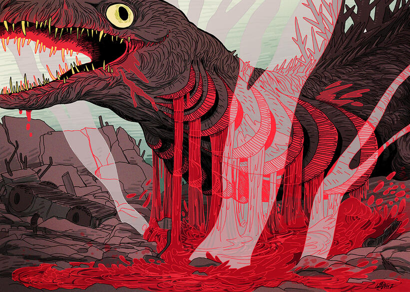 fanart of shin godzilla from the movie of the same time, in its six gilled shark form, pouring blood from its gills.