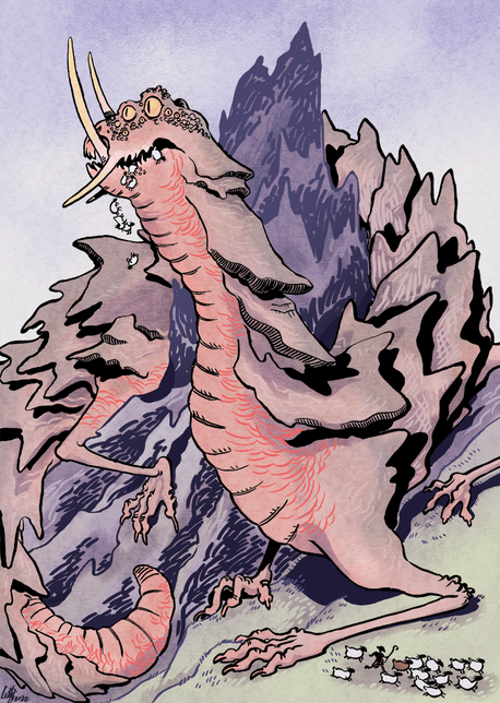 a dragon as big as a mountain is coiled around a high peak, eating a flock of sheep that fall from its tusked mouth like crumbs. in the foreground a tiny shepherd flees with the rest of their flock.