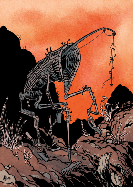 a creature made from an assortment of tools stands on the edge of a pit it has dug, its fishing-rod head silhoetted against an orange sunset. in the pit, the feet of a corpse are visible.