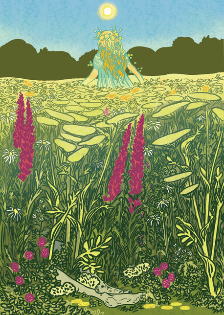 a meadow full of wildflowers at noon. a ghostly girl moes through the meadow, away from the viewer. in the foreground the feet of a corpse poke through the flowers, with scattered coins.