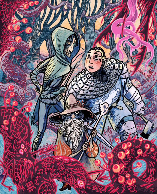 a trio of fantasy adventurers facing up against a monster, visible only at the edges of the pages. the adventurers are a hooded rogue, a small wizard, and a knight with an axe, all looking daunted by the monster.