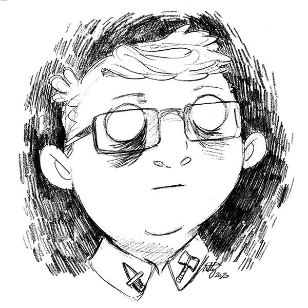 pencil self portrait of a white person with a round face and vacant eyes.